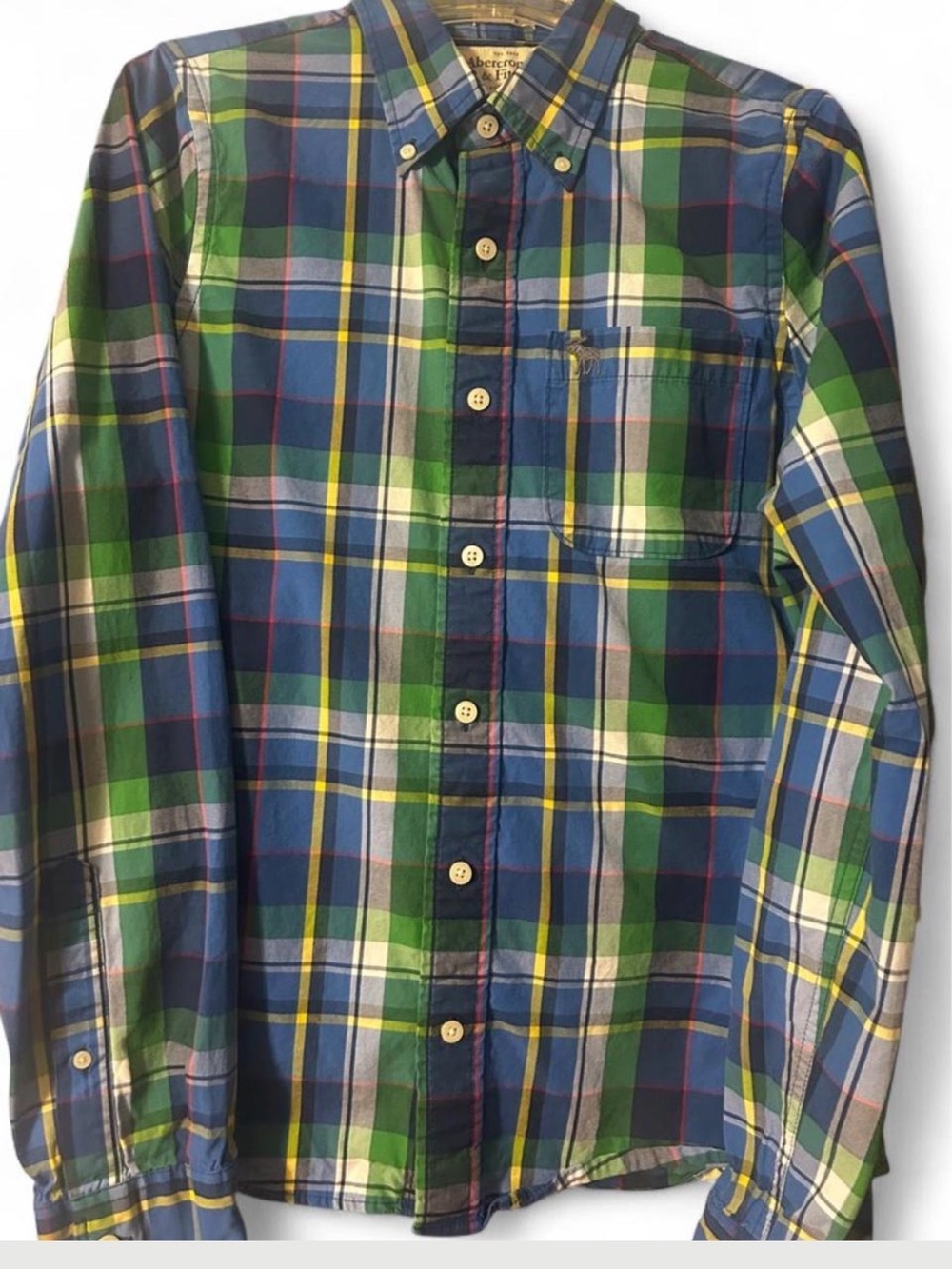 Abercrombie & Fitch Blue, Green & Yellow Plaid Button-Down Shirt